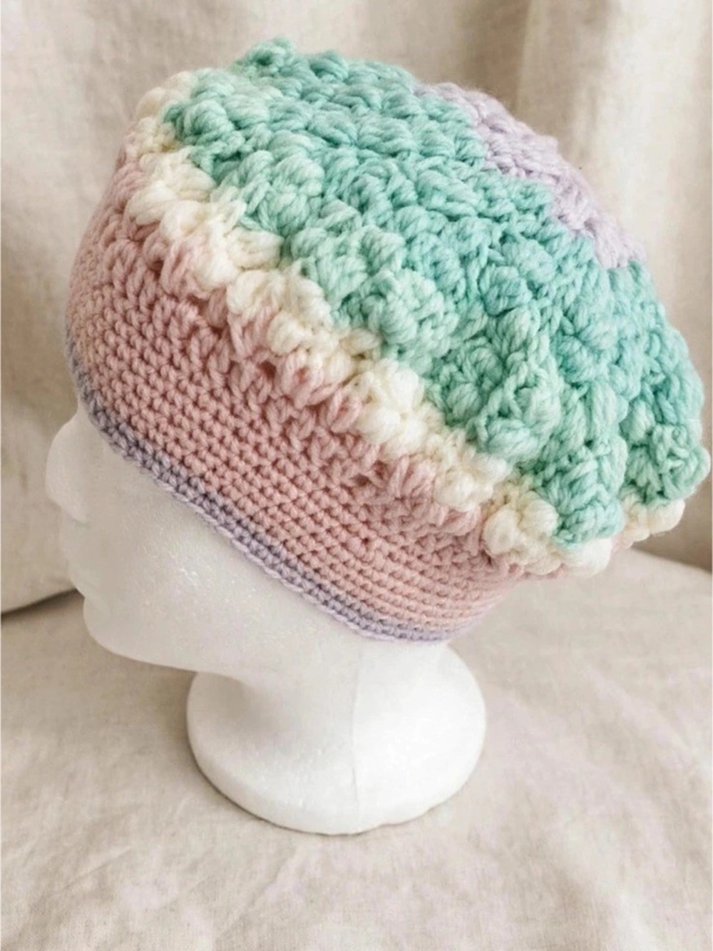 Crocheted Beanie in Pink & Green .  New handmade